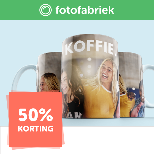 50% korting op een mok bedrukt met je eigen foto